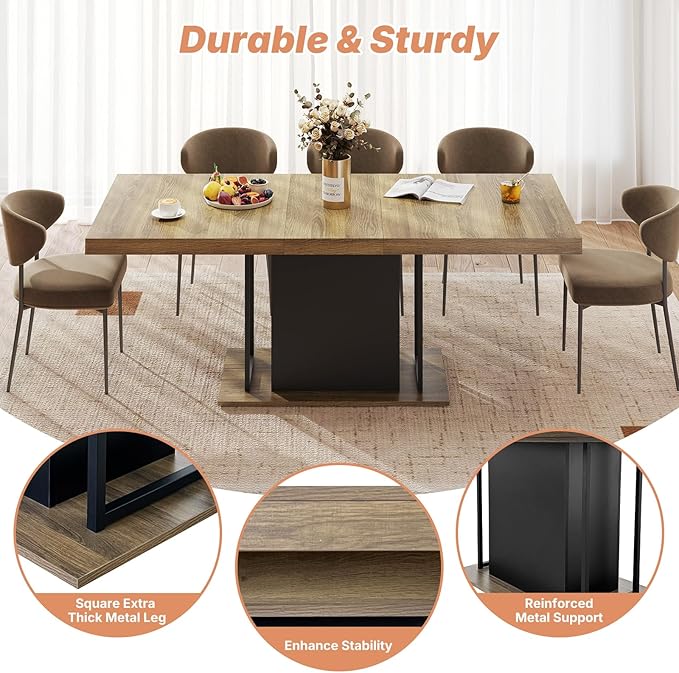 63"-78.7" Expandable Dining Tables, 6-10 Farmhouse Kitchen Table, Extendable Dining Room Table, Rectangular Thick Top with Metal Track, Central Column Base for Living Room, Office-Brown