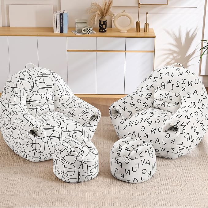DAICO Bean Bag Chairs for Adults Comfy Accent Chair with Ottoman Floor Sofa Beanbag Couch with Armrests White Single Lazy Sofas with Foam for Living Room Reading Bedroom Gaming (Stripe Pattern)