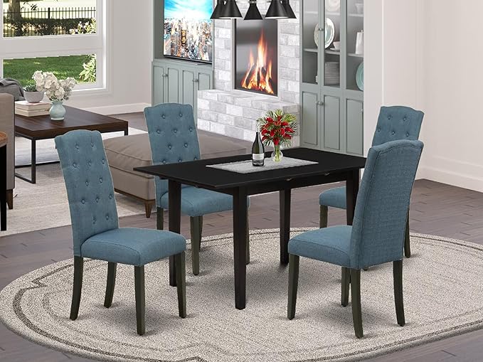 East West Furniture NOCE5-BLK-21 5 Piece Kitchen Table Set for 4 Includes a Rectangle Dining Table with Butterfly Leaf and 4 Mineral Blue Linen Fabric Parsons Chairs, 32x54 Inch, Black