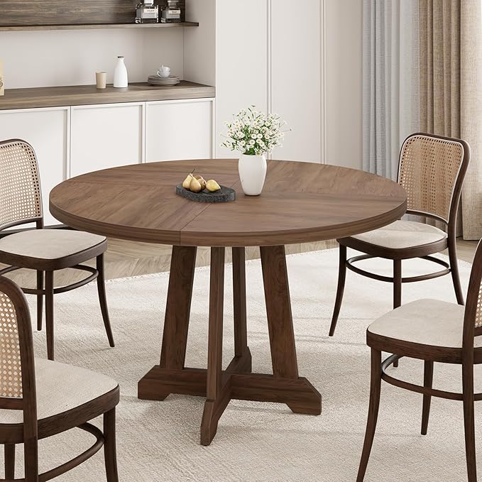 GarveeHome Round Dining Table for 4,Kitchen Dining Room Circle Dinner Pedestal Table,Space Saving Wood Kitchen & Dining Room Furniture,Brown 47-inch Diameter