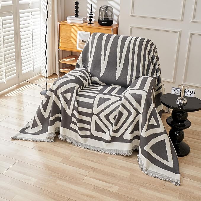 HANDONTIME Reversible Sofa Cover Boho Geometric Couch Cover for Dogs Dark Grey Couches Covers Washable Chenille Couch Covers for 3 Cushion Couch Pet Friendly Furniture Protector for Pets, 71" X71"
