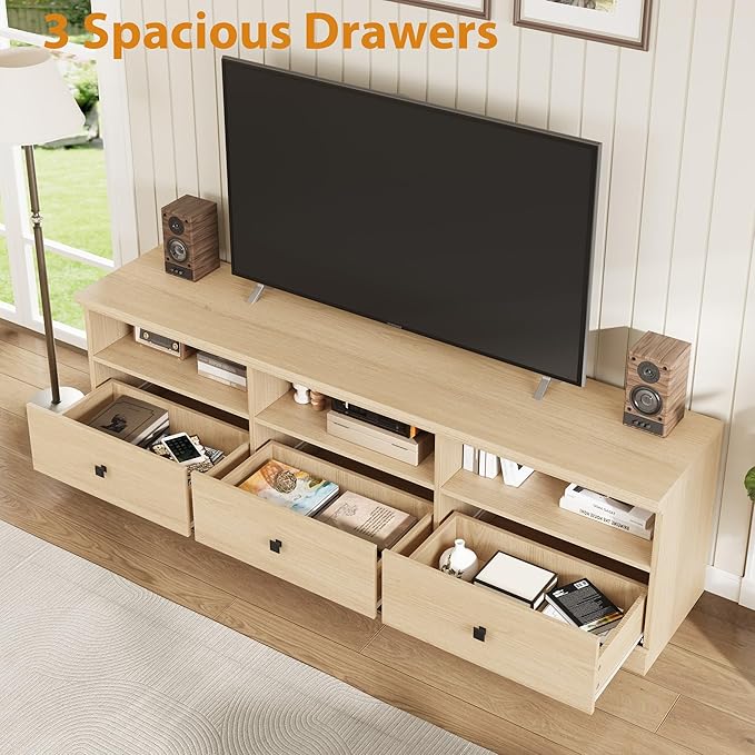 GarveeHome TV Stand for 65/70/75 Inch TV, Entertainment Center with Storage Drawer, Mid-Century Modern TV Console with Open Shelves, 70in Media TV Cabinet for Living Room, Bedroom, Light Oak