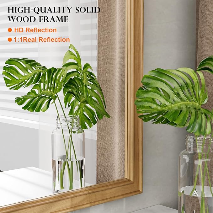 WallBeyond Wood Bathroom Mirror 20" x 30" Wooden Arched Wall Mirror Farmhouse Style Bathroom Vanity Mirror for Home Decor Rectangle Mirror (Natural)