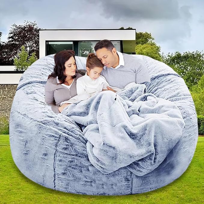 Bean Bag Chair for Adults Kids, Without Filler, Comfy Giant Round Lazy Sofa Chair Cover, Floor Chair Cover for Bedroom Living Room, 7FT, Silver Blue