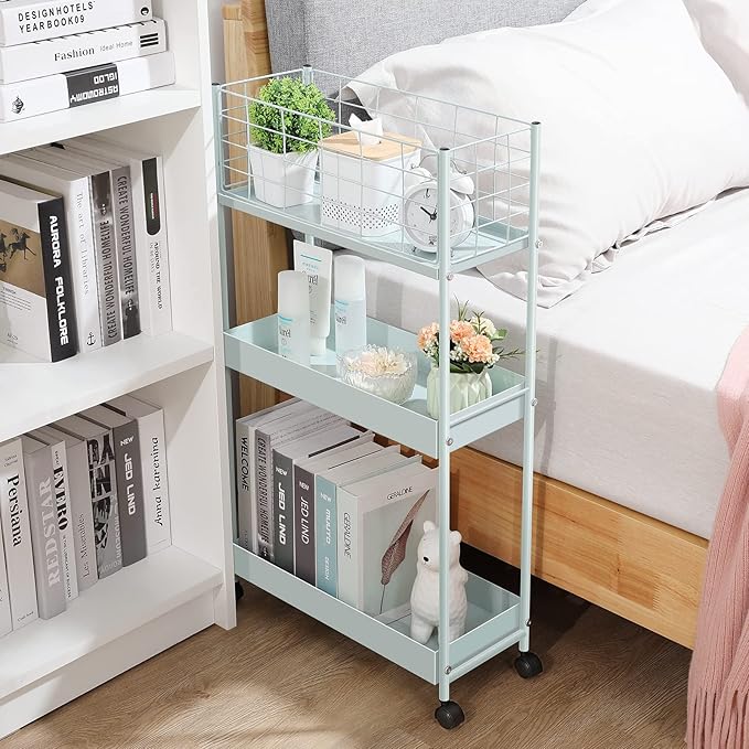 KINGRACK 3-Tier Rolling Utility Cart with Wheels, Metal Slim Storage Cart, Multifunctional Storage Organizer, Rolling Storage Cart for Kitchen, Office, Bathroom, Narrow Place, Mint Green