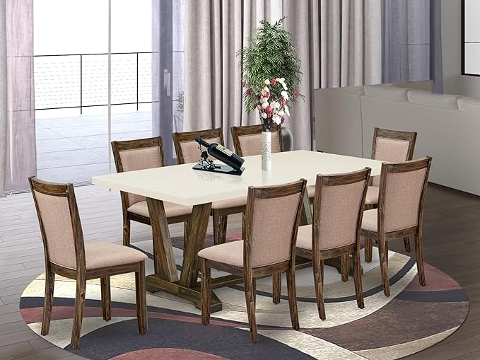 East West Furniture V727MZ716-9 9 Piece Kitchen Table & Chairs Set Includes a Rectangle Dining Room Table with V-Legs and 8 Dark Khaki Linen Fabric Parson Chairs, 40x72 Inch, Multi-Color