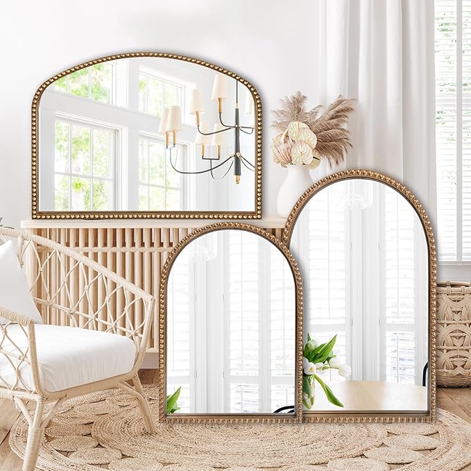 Traditional Wall Mirror Vintage Gold, 24" x 40" Tall Narrow Arch Antique Beaded Frame Decorative Accent Vanity Wall Decor, Arched Vertical Mirrors for Bathroom, Living Room, Entryway