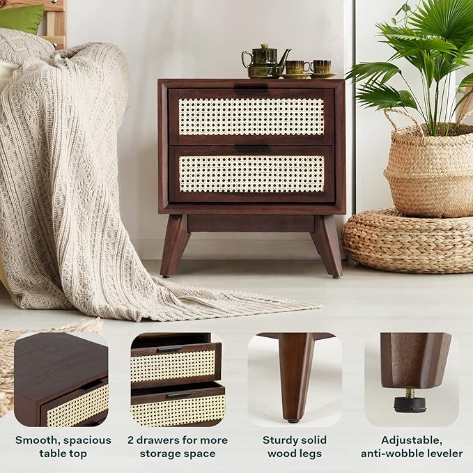 Bme Jasper Deluxe Solid Wood Rattan Nightstand Fully Assembled-Mid Century Modern Side Table with 2 Drawers-Multipurpose use for Living Room, Bedroom-Walnut