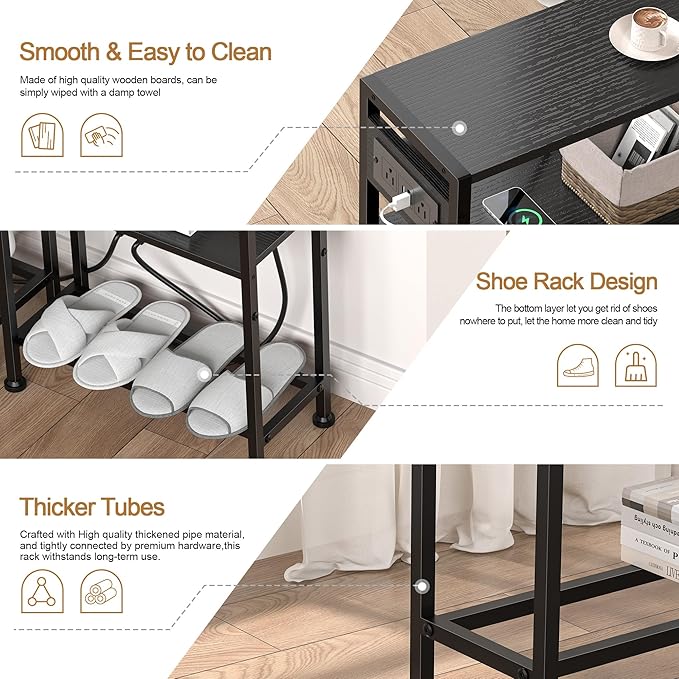 Small Narrow Side Table with Charging Station, Skinny End Table for Small Spaces, Slim Nightstand with Outlets, Sofa Bedside Table in Living Room, Bedroom, Study, Kitchen and Balcony(Black)