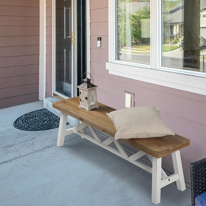 Wnutrees 54" Farmhouse Wood Bench, Rustic Solid Wood Entryway Bench Seat with Double X-Structure for Dining Room, Living Room, Hallway, Structural Stability, White