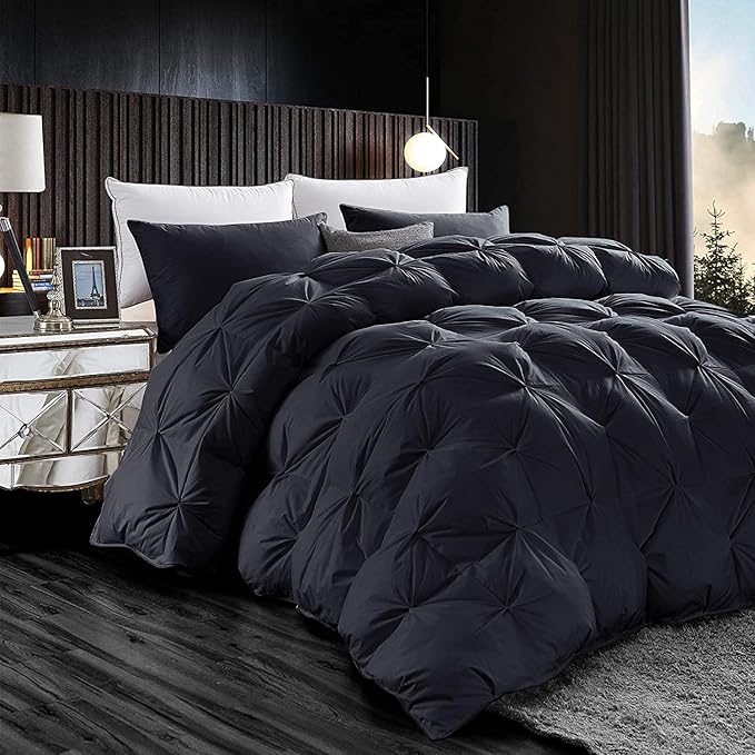 Luxurious All-Season Goose Down Feather Fiber Comforter Queen Size Duvet Insert, Exquisite Black Pinch Pleat Design, Premium Baffle Box, 100% Egyptian Cotton Cover, 65 oz. Fill Weight, Black