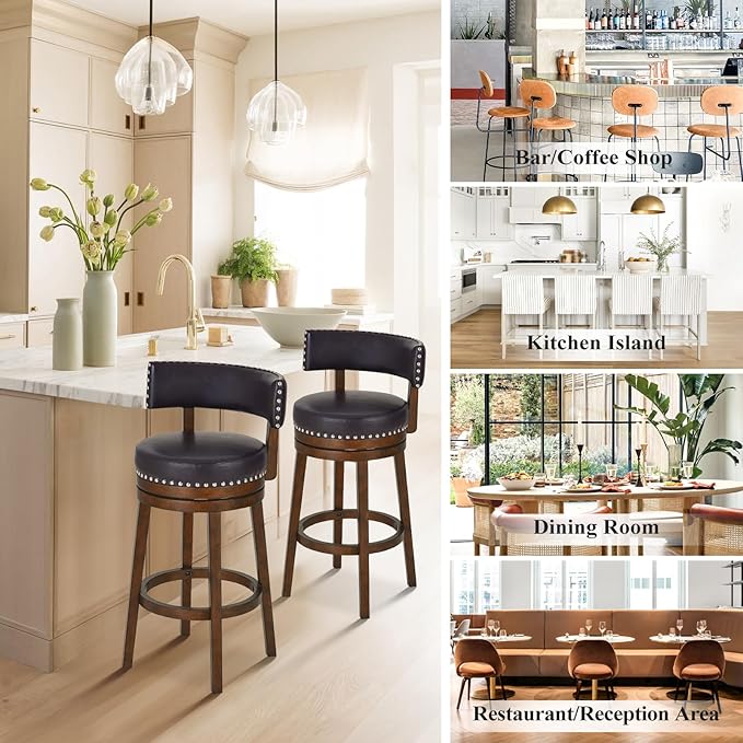 COLAMY Swivel Bar Stools Set of 2, 30 Inch Swivel Bar Height Bar Stools, Wood Swivel Barstools with Back, Modern Upholstered Wooden Barstools for Kitchen Island Dining Room Bar, Dark Brown