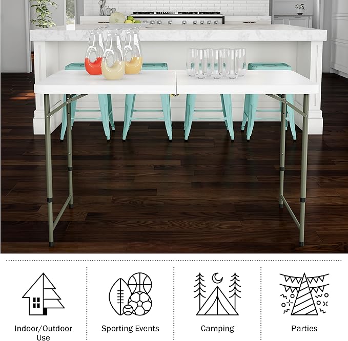 Adjustable Folding Table - Portable 4-Foot Plastic Utility Tabletop with 2 Height Settings - Indoor and Outdoor Seating by Lavish Home (White)