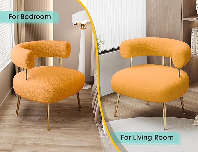 Mid Century Sherpa Boucle Accent Chair, Round Upholstered Barrel Arm Chair for Small Spaces, Fluffy Side Corner Sofa Chair for Living Room, Bedroom, Vanity, Office, Reading Nook(Yellow)