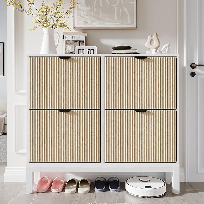 GarveeHome Fluted Shoe Storage Cabinet with 4 Flip Drawers, Narrow Wooden Shoe Organizer with Metal Legs, Modern Farmhouse Hidden Shoe Rack for Entryway, Hallway, White+Oak