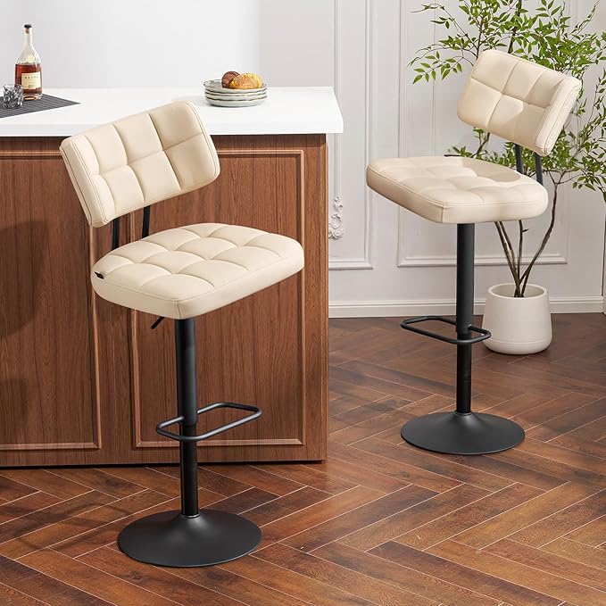 Furniliving Modern Bar Stools Set of 2 Faux Leather, Upholstered Swivel Barstools with Back, Adjustable Bar Chairs Counter Height for Kitchen Island, Dining Space, Beige