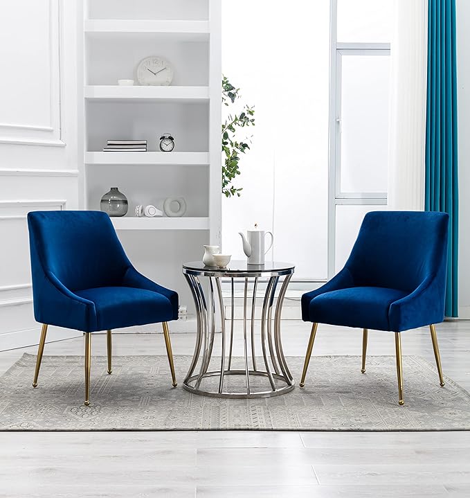 Velvet Dining Chairs, Furniture Collection Modern Contemporary Upholstered with Polished Gold Metal Legs, Set of 4(Blue)