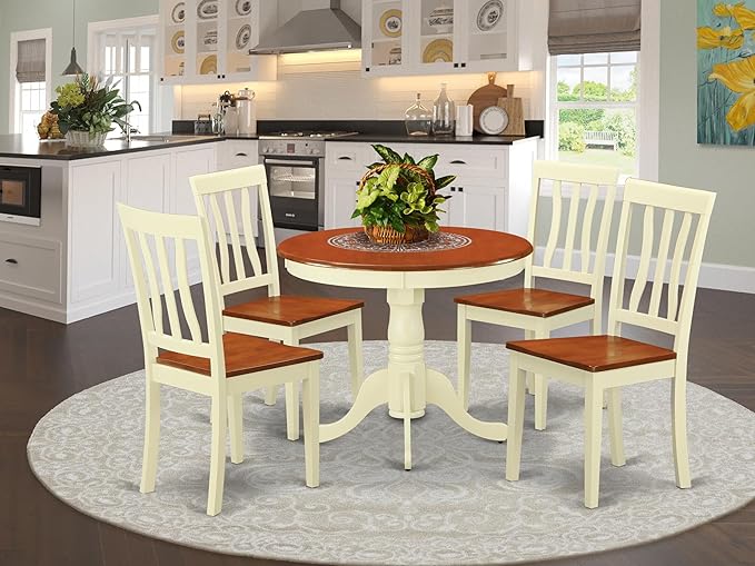East West Furniture DLAN5-BMK-W 5 Piece Kitchen Table & Chairs Set Includes a Round Dining Room Table with Dropleaf and 4 Solid Wood Seat Chairs, 42x42 Inch, Buttermilk & Cherry