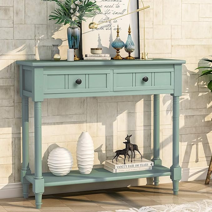 Merax Wood Farmhouse Entry Way Hallway Console Table with Drawers and Bottom Shelf Narrow Blue