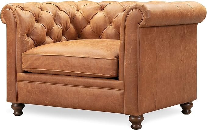 POLY & BARK Lyon Leather Lounge Chairs - Set of 2 - Cognac Tan Full-Grain Leather Upholstery – Modern Upholstered Accent Chair for Living Room or Bedroom – Indoor Lounge Seating with Lasting Comfort