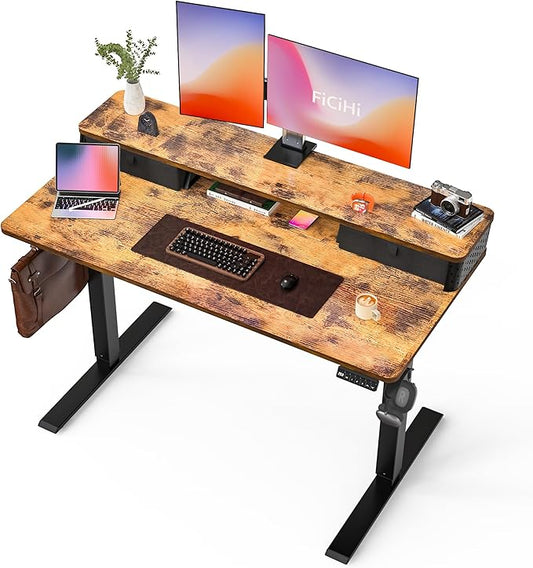48x24 Inch Standing Desk with Double Drawers,C-Clamp Mount Compatible,Electric Adjustable Height Computer Stand Up Desks, Home Office Sit Stand Table with 3 Preset Heights & Hooks, Rustic Brown