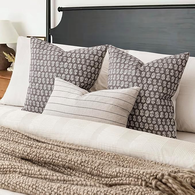 Foindtower Set of 2 Decorative Vintage Floral Print Throw Pillow Covers Neutral Modern Farmhouse Cushion Covers Boho Home Decor for Sofa Couch Chair Bedroom Living Room Outdoor,24×24 Inch,Rustic Gray