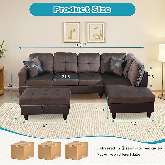 Couches for Living Room Comfy Flannel Fabric 3 Pieces Sectional Sofa with Chaise, Ottoman with Storage for Office and Small Apartment, Dark Brown
