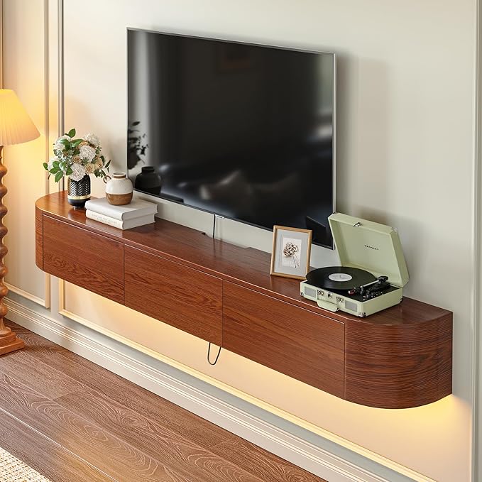 Fully Assembled Floating TV Stand with Drawers, 78IN Vintage Wall Mounted Entertainment Center, Minimalist Large Storage Console Under TV, Solid Wood Media Shelf for Living Room, Bedroom