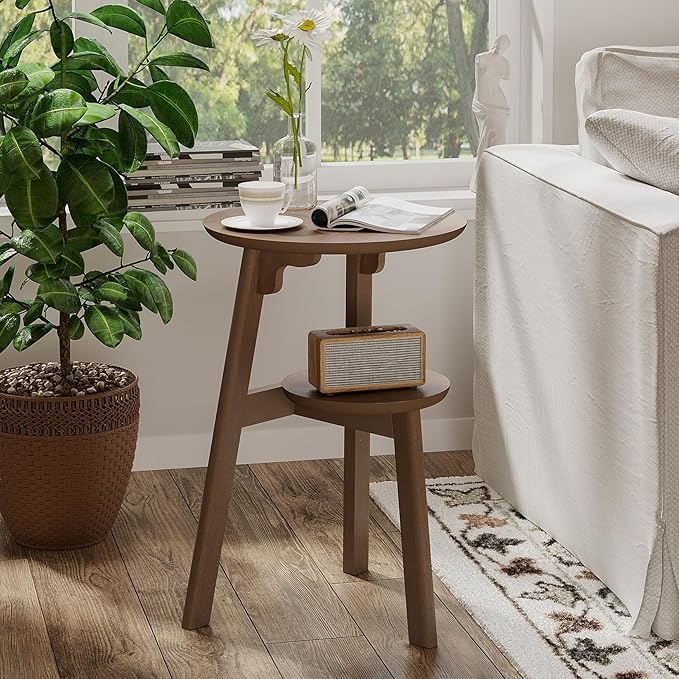 ChooChoo Round End Table Set of 2, Narrow Side Table for Small Spaces, Accent Table Night Stand with 2 Tier Shelf for Bedroom and Living Room, Walnut