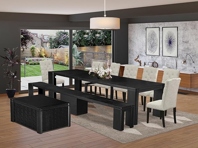 X07EL-BC6-35 - 10-Pc Kitchen Table Set a Rectangular Dining Table with a coffee Table wooden Bench & 7 Doeskin Linen Fabric Dining Chair, 39x120 Inch, Wire Brushed Black