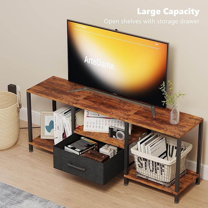 TV Stand with LED Lights, Entertainment Center with Open Shelves and Fabric Drawer, Media Console for 55 Inch TV, Television Stands, Living Room Furniture, Bedroom, Rustic Brown