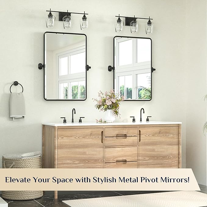 Keonjinn Black Pivot Mirror Bathrooms, 20x30 in Tilt Mirror Bathroom for Over Sink, Black Rounded Corner Farmhouse Pivot Rectangle Mirrors, Metal Framed Beveled Bathroom Mirrors (Horizontal/Vertical)
