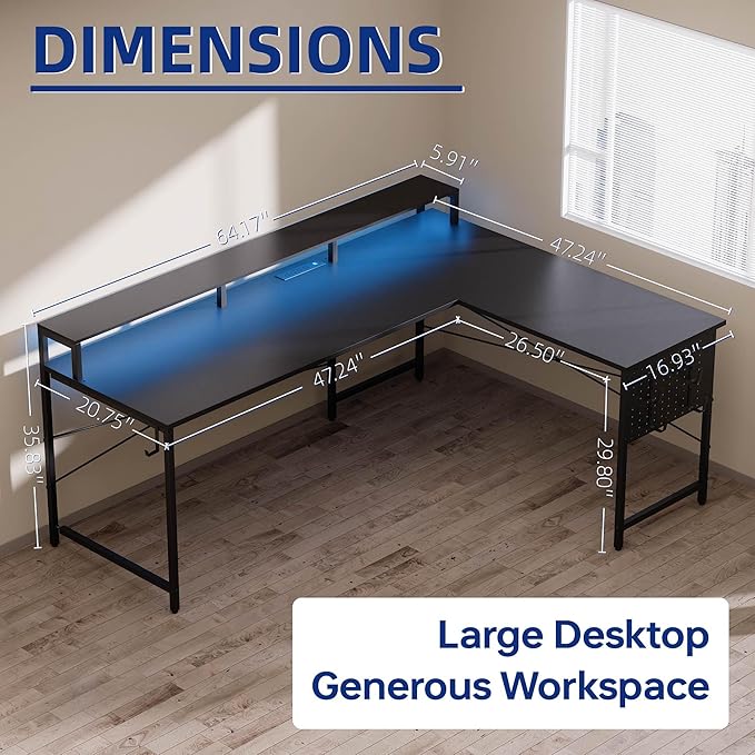 Pamray 64 Inch L Shaped Gaming Desk with Power Outlets and Led Lights, Large Corner Computer Desk with Monitor Stand and Pegboard, PC Table for Home Office and Bedroom Pink