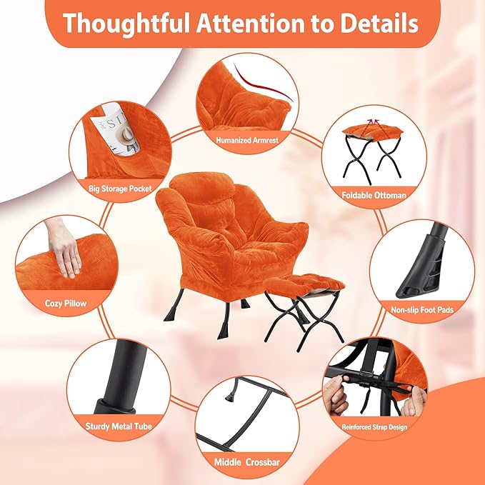 Lazy Chair with Folding Ottoman, Accent Chair Plush Upholstered with Metal Structure and Non-Slip Pads, Sofa Armchair with Footrest and Side Storage Bag for Dorm, Room, Office, Orange