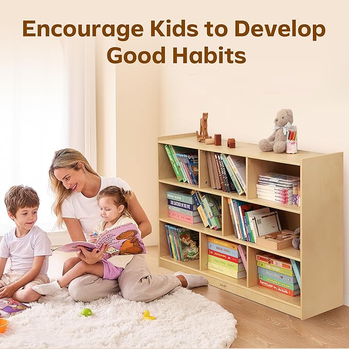 Toy Storage Organizer for Kids Room, Wooden Kids Bookshelf for Classroom, Cube Storage Organizer for Playroom, 8-Section Montessori Bookshelf & Toy Shelf for Nursery