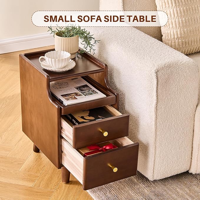 Uniclinens Narrow Nightstand with Drawers, Small Slim Solid Wood Bedside Table for Bedroom, Modern End/Side for Living Room, Walnut