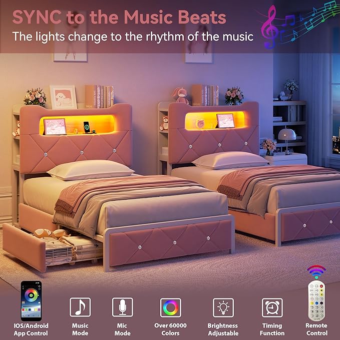 Twin Upholstered LED Bed Frame with 2 Storage Drawers and 2-Tier Storage Bookcase Headboard, Velvet Princess Platform Bed for Kids/Girls/Boys, Corner Bed Frame, Heavy Duty Metal Support, Pink
