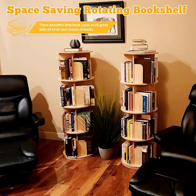 Rotating Bookshelf Kids, 360 Display 4 Tier Spinning Bookshelf Tower Stackable Solid Wood Book Shelf Rotating, Revolving Bookcase Floor Standing Bookcase Storage Display Rack for Kids&Adults, Pine