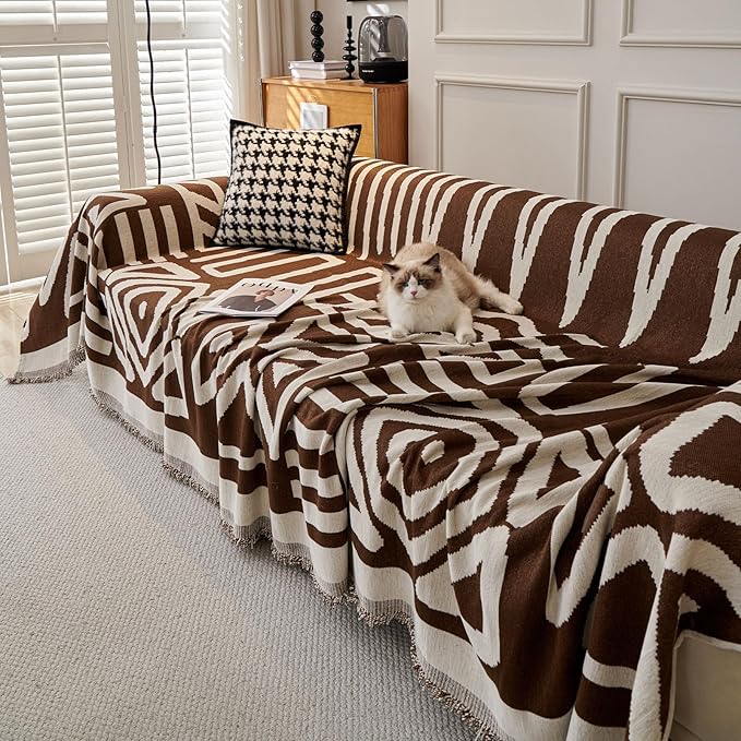 STACYPIK Boho Chocolate Beige Sofa Cover Anti-Slip Reversible Couch Cover for 2 Cushion Couch Soft Chenille Armchair Slipcovers L Shaped Cover for Sectional Furniture Protector for Kids Dogs-71X102IN
