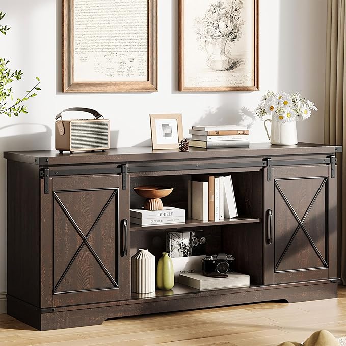 IDEALHOUSE Farmhouse TV Stand and Entertainment Center for Tv up to 65 inches with Sliding Barn Doors and Adjustable Shelf, Tv Media Console Table with Storage Cabinet for Living Room, Brown