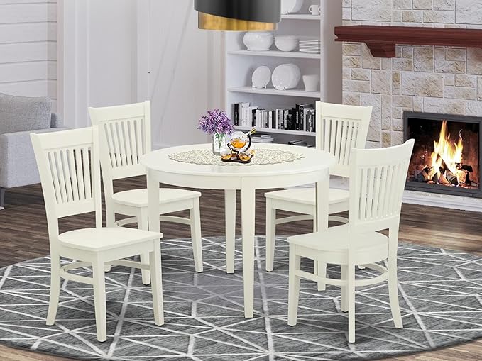East West Furniture BOVA5-LWH-W 5 Piece Dining Room Furniture Set Includes a Round Kitchen Table and 4 Dining Chairs, 42x42 Inch, Linen White