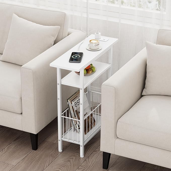 Vagusicc Narrow Side Table with Charging Station, Skinny Side End Table for Couch, 3-Tier Small End Tables for Small Spaces, 25.2" Tall Slim Nightstand Bedside Table for Living Room, Bedroom, White