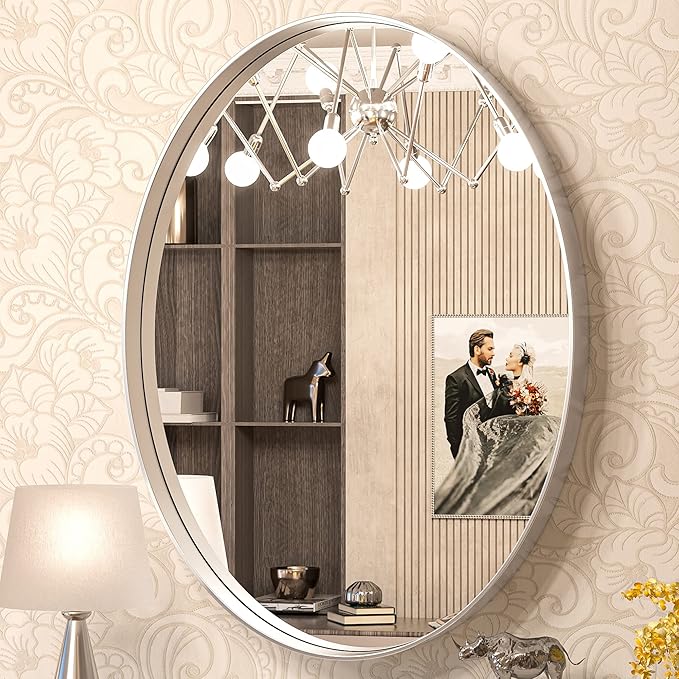 TokeShimi Oval Mirrors for Wall Decor 22x30 Inch with Non-Rusting Aluminum Alloy Brushed Silver Matte Framed Wall Mounted for Bathroom, Entryway, Living Room, Bedroom,Vanity or Horizontal
