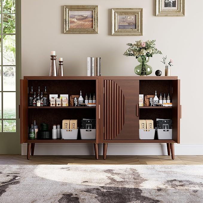 COSIEST Set of 2 30" Storage Sideboards with Doors, Accent Cabinets with Magnetic Push-to-Open Doors, Brown Line Pattern, Entryway Console for Living Room, Kitchen, Hallway