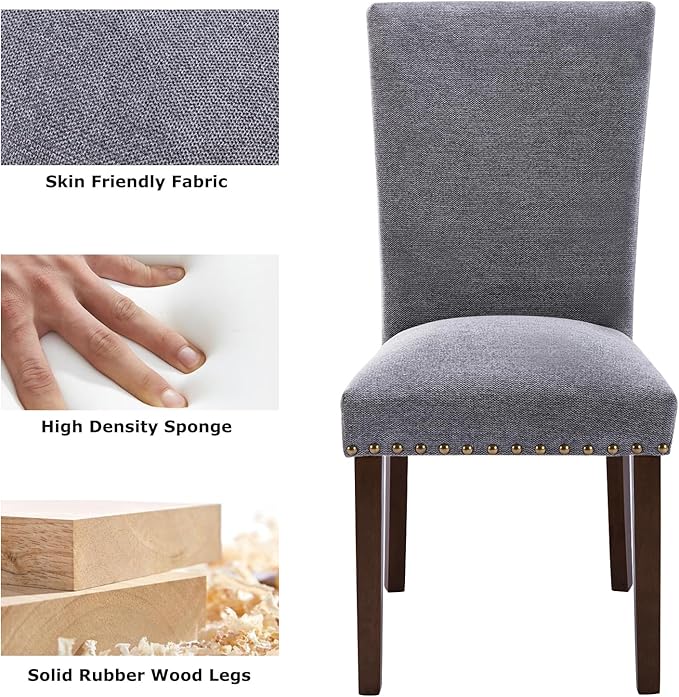COLAMY Upholstered Parsons Dining Chairs Set of 2, Fabric Dining Room Kitchen Side Chair with Nailhead Trim and Wood Legs - Dark Grey