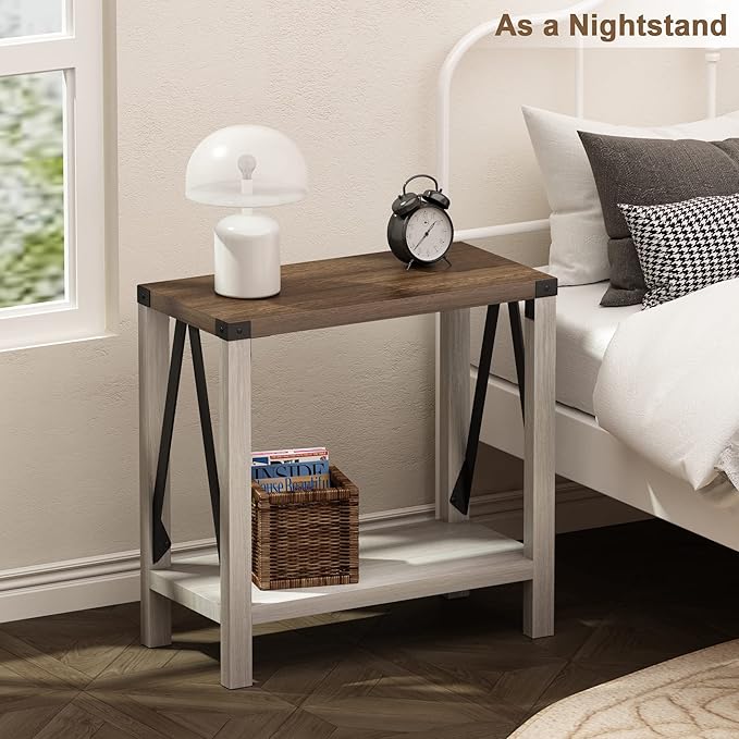 ChooChoo Farmhouse End Table for Small Spaces, Narrow Side End Table with Storage Shelf, Rustic A-Design Nightstand Sofa Table for Living Room, Bedroom (White & Brown)