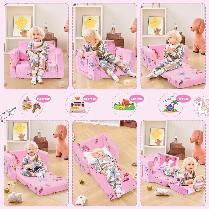 Toddler Couch,Toddler Chair,Kids Chair 2-in-1 Baby Seat Furniture Fold Out, Convertible Sofa to Lounger Comfy Glow in The Dark Sofa Bed,Gifts for Kids Girl Boys,Unicorns Rainbow,Medium