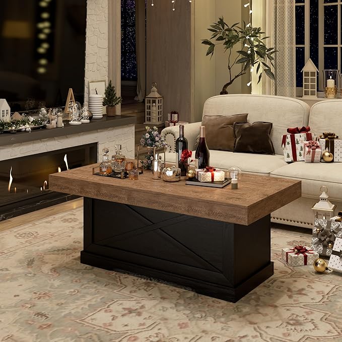 Coffee Table 39 in Rustic Center Table with X-Design Wooden Pedestal for Living Room, Space Saving, Easy Assembly Rectangle Home Office Tea Accent Table for Apartment, Dark Oak Black