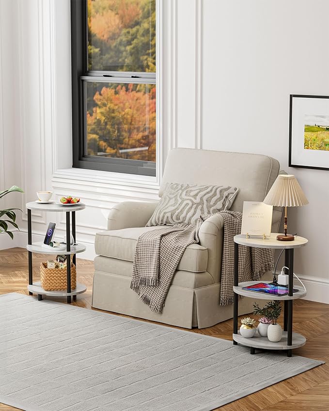 Small Round Side Table - 3-Tier Oval Accent Table for Small Spaces, Rustic Wood and Metal Nightstand for Living Room or Bedroom, Built-in USB Ports and Power Outlet, Greige