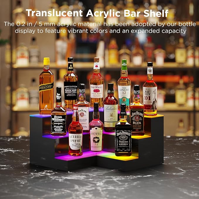 Dethan 3 Tier 20 Inch LED Lighted Liquor Bottle Display Shelf - Corner Wine Racks with Multi-Color App & Remote Control, Adjustable Brightness & Sound Modes, Acrylic Bar Shelves for Commercial Clubs